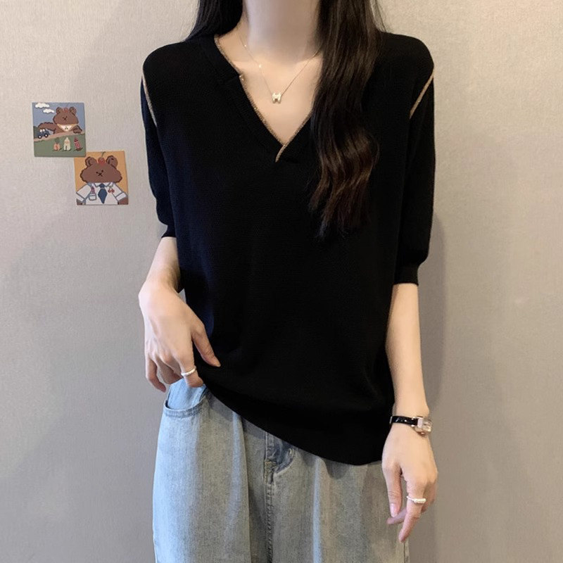冰丝短袖t恤女士夏季薄款2025新款宽松大码显瘦v领针织衫半袖上衣