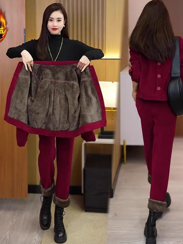 套装女秋冬季2025新款加绒加厚灯芯绒外套休闲裤子时尚洋气两件套