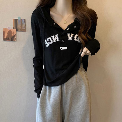 连帽长袖T恤女春秋2025年新款宽松大尺码显瘦设计感小众打底衫上