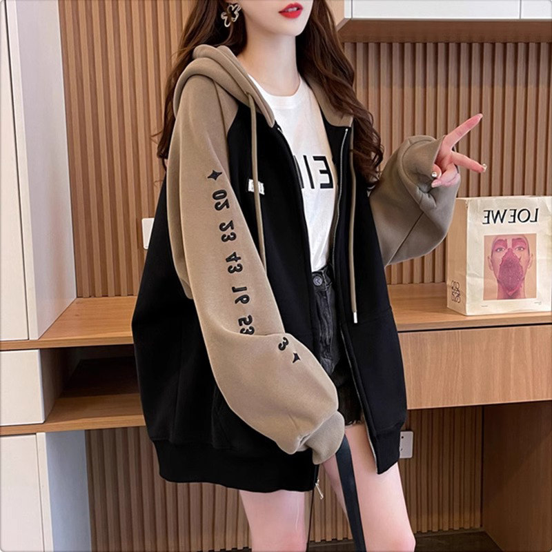 连帽卫衣女秋冬加绒2025新款宽松大码慵懒风时尚洋气拉链开衫外套