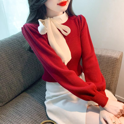 蝴蝶结红色毛衣女春秋季2025新款内搭时尚洋气新年针织打底衫上衣