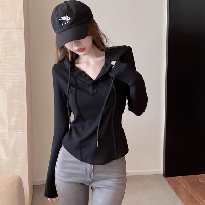 连帽长袖t恤女秋冬季2025新款修身显瘦小个子短款卫衣打底衫上衣