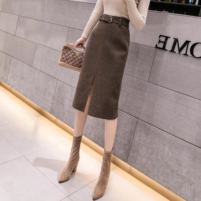 毛呢半身裙女士秋冬加厚2025新款高腰显瘦a字中长版开 叉包臀裙子