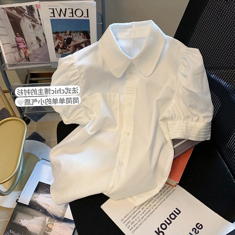白色衬衫女短袖夏季薄款2026新款设计感小众娃娃领衬衣泡泡袖上衣