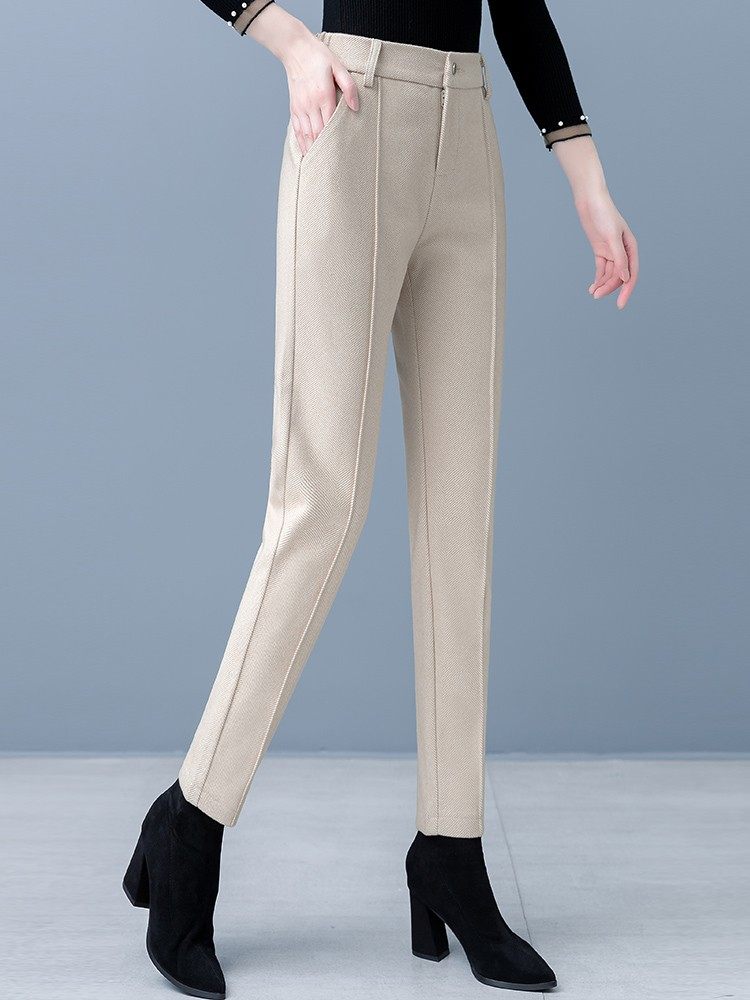 毛呢裤女春秋2025新款高腰显瘦直筒休闲哈伦裤小个子西装烟管裤子