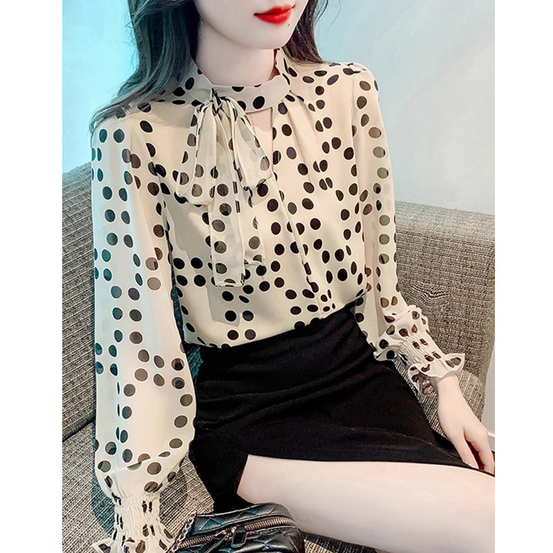 雪纺衬衫女长袖春秋季2026新款法式设计感小众波点衬衣蝴蝶结上衣