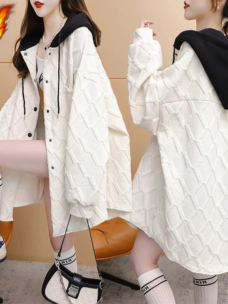 连帽卫衣女春秋季薄款2025新款宽松慵懒风中长款时尚洋气开衫外套