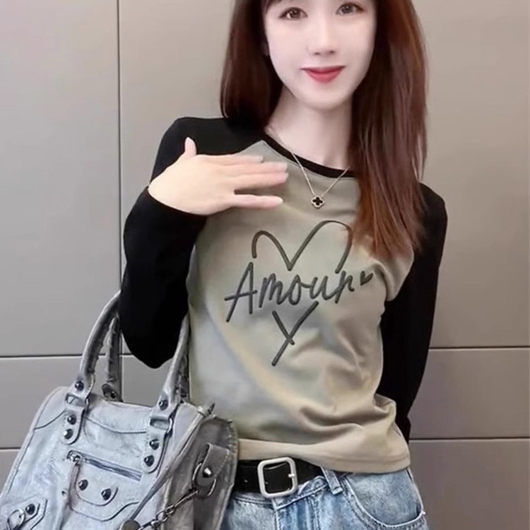 插肩长袖t恤女士春秋薄款2025新款修身显瘦小个子内搭打底衫上衣