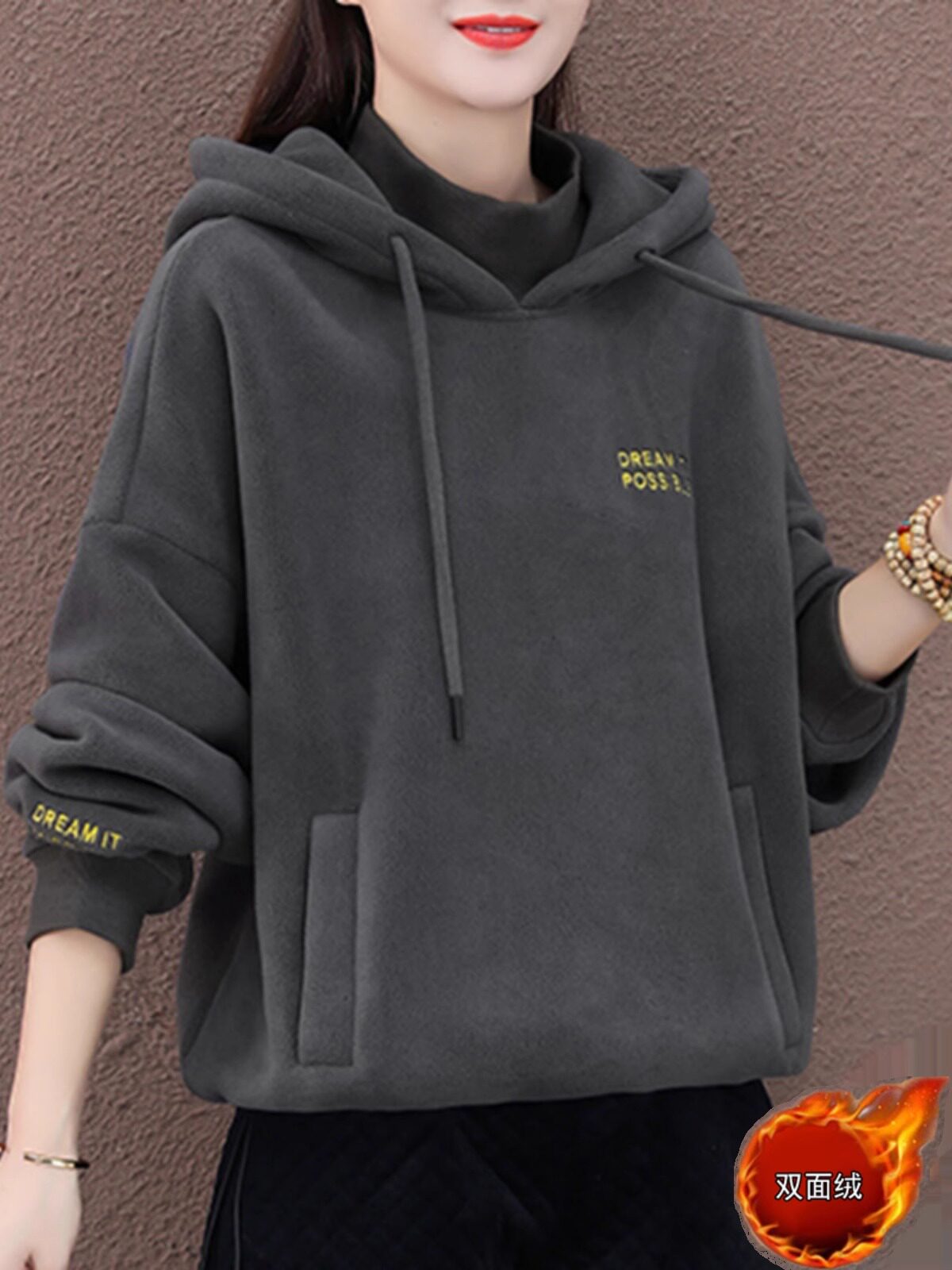 连帽卫衣女秋冬加绒加厚2025新款时尚洋气韩版宽松慵懒风外套上衣