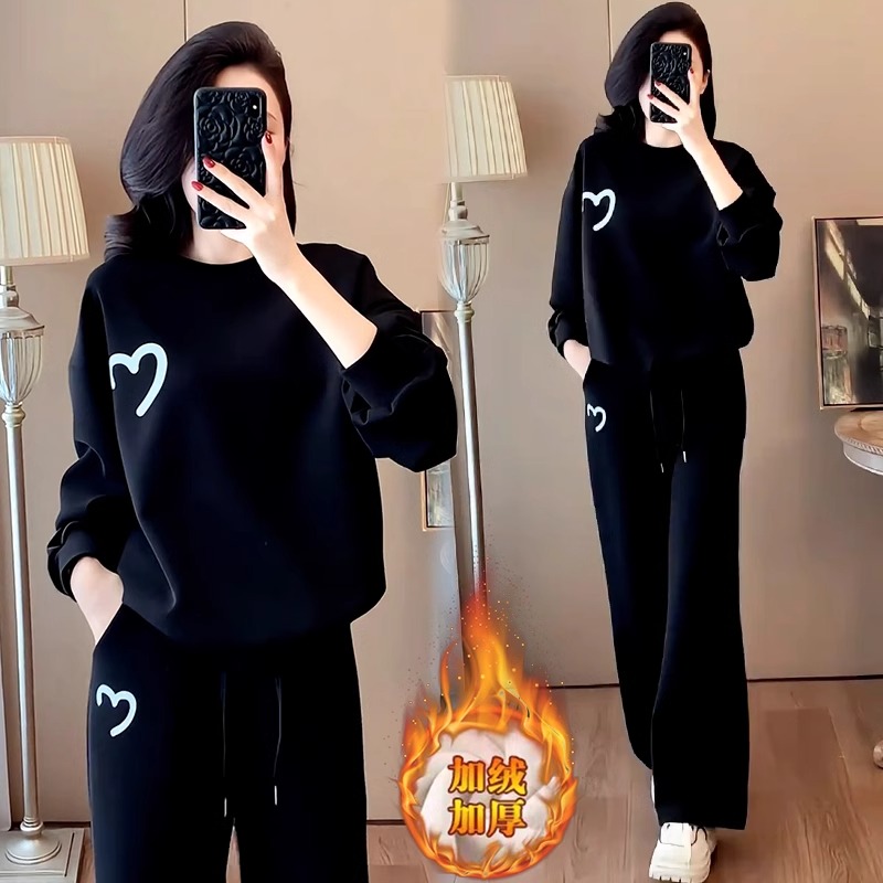 套装女秋冬加绒2025新款高级感圆领厚棉T阔腿裤休闲 时尚洋派两件