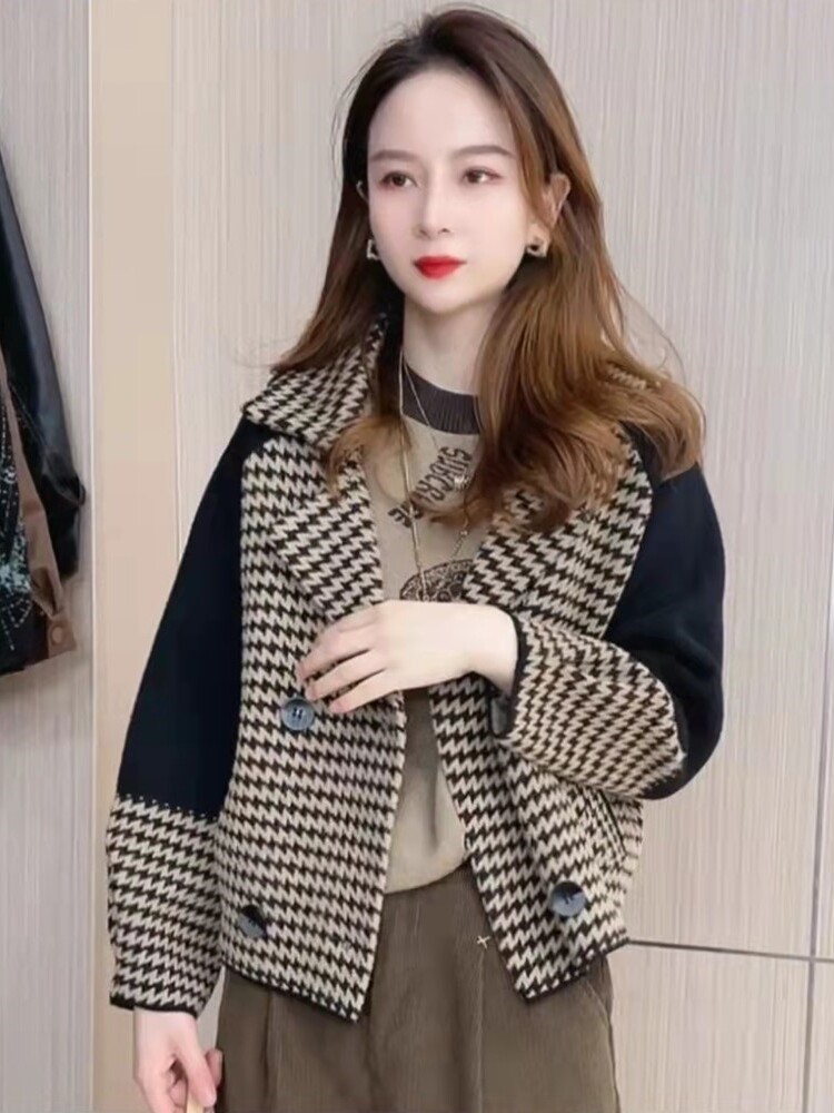千鸟格毛呢西装外套女春秋2025新款小香风短款小个子休闲西服上衣