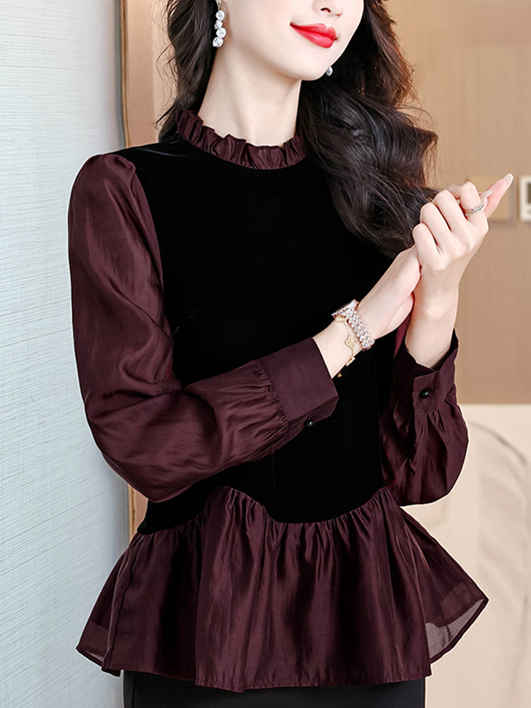 金丝绒衬衫女长袖春秋2025新款收腰高级设计感减龄洋气假两件上衣