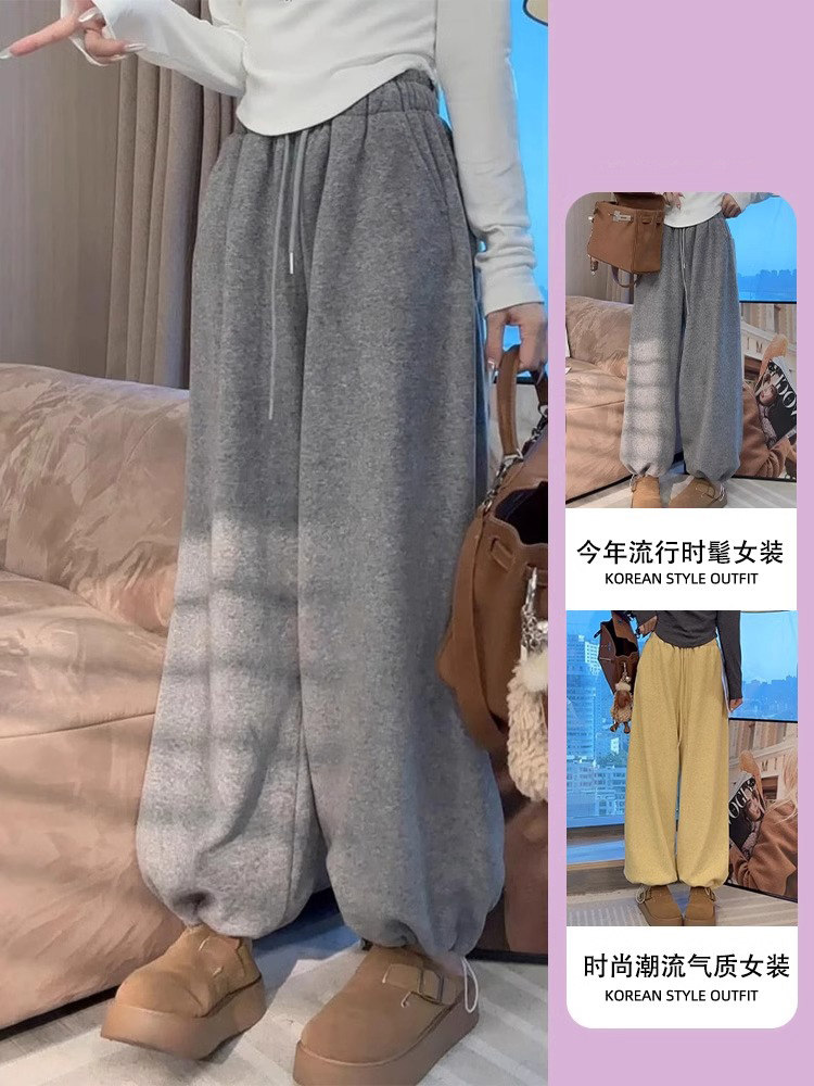 灰色运动裤女秋冬季加绒2025新款宽松束脚卫裤小个子休闲阔腿裤子