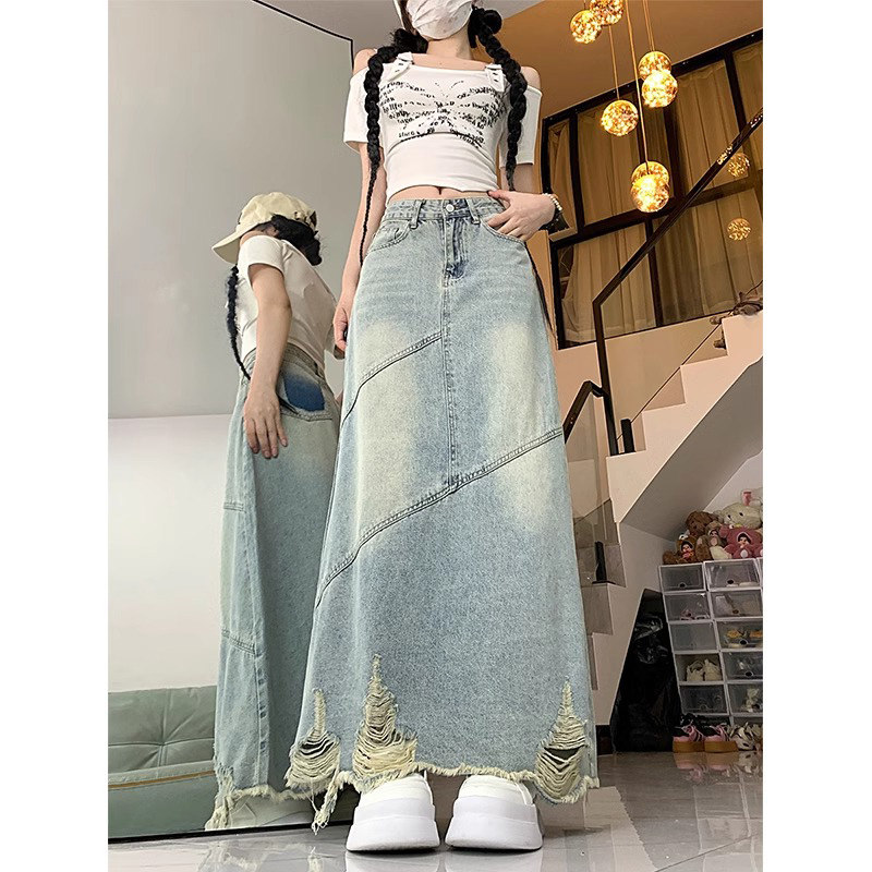 破洞牛仔半身裙女夏季薄款2026新款高腰a字大码显瘦中长款包臀裙