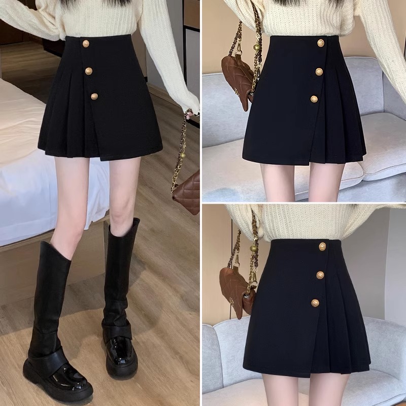 黑色半身裙女秋冬季2024新款高腰显瘦a字短裙不规则包臀百褶裙子