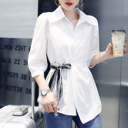 白色衬衫女短袖夏季薄款2025年新款设计感小众大码收腰七分袖上衣