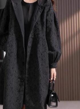 黑色连帽风衣外套女春秋2025新款高级感中长版小个子大尺码休闲上