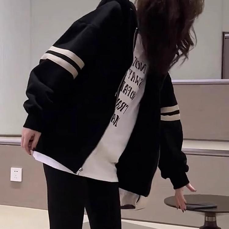 连帽卫衣女秋冬季加绒2024新款宽松慵懒风时尚洋气棒球服开衫外套