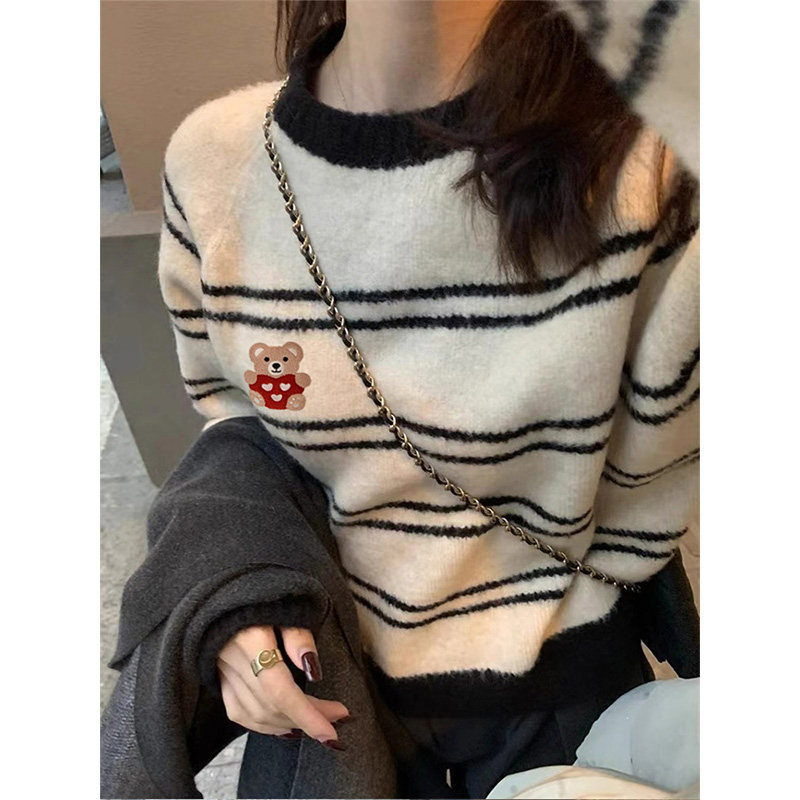 条纹毛衣针织衫女秋冬季2025新款高级感小个子圆领打底衫内搭上衣