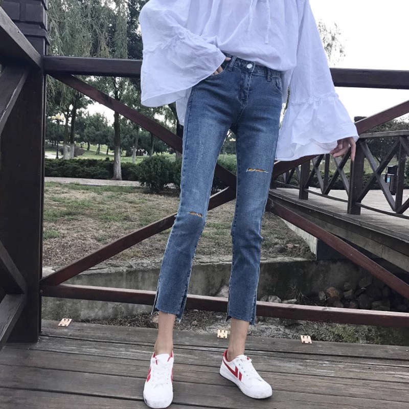 破洞直筒牛仔裤女春秋薄款2025新款高腰显瘦小个子九分开叉烟管裤