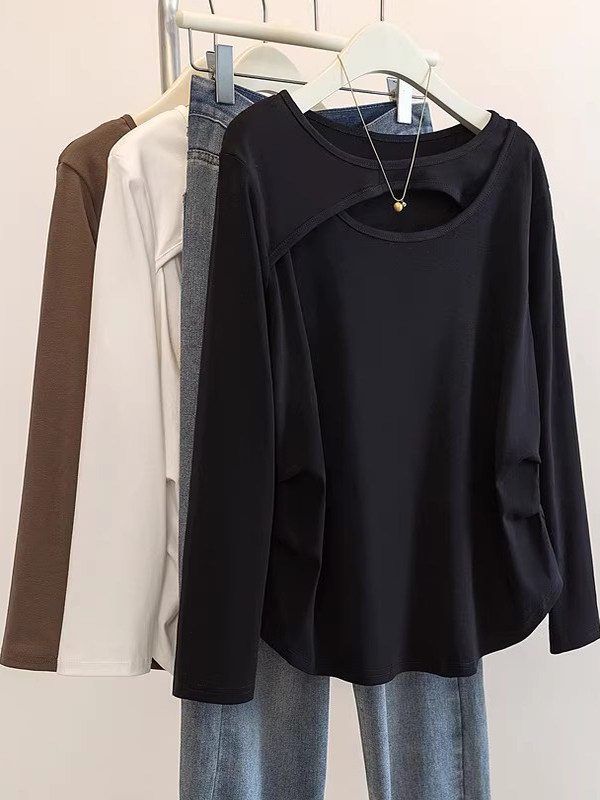 黑色正肩长袖t恤女春秋2025新款宽松大码慵懒风不规则打底衫上衣
