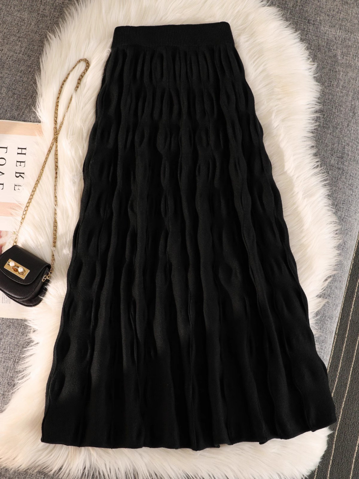 黑色毛呢半身裙女秋冬2025新款高腰a字大码显瘦中长款百褶伞裙子
