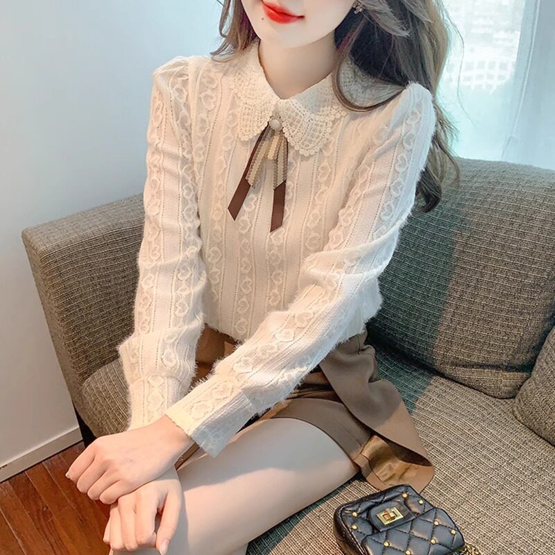 蕾丝打底衫女士秋冬加绒2025新款内搭时尚洋气时髦小衫娃娃领上衣