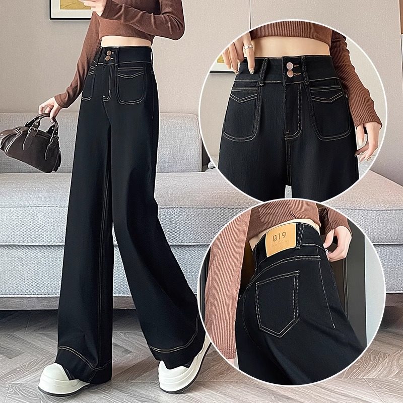 黑色牛仔裤女秋冬加绒2025年新款高腰垂感窄版直筒小个子阔腿裤子