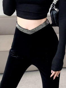 金丝绒微喇裤女春秋季2025新款高腰修身显瘦垂感开叉休闲喇叭裤子