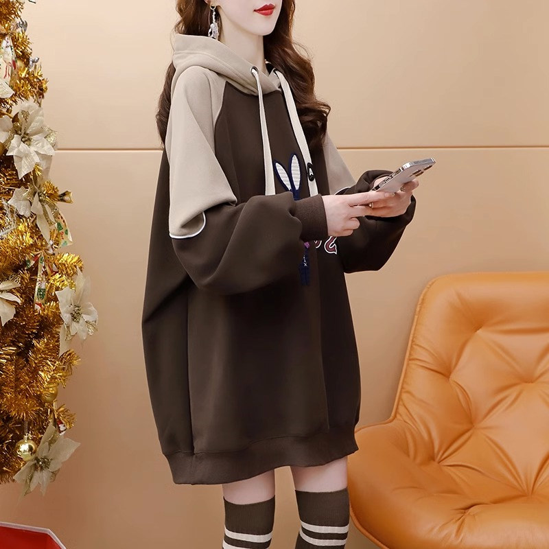 连帽卫衣女秋冬季加绒加厚2025新款时尚洋气宽松慵懒风中长款外套