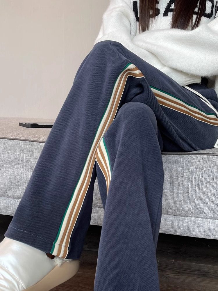 窄版阔腿裤女秋冬加绒2025新款高腰垂感直筒小个子休闲条纹运动裤