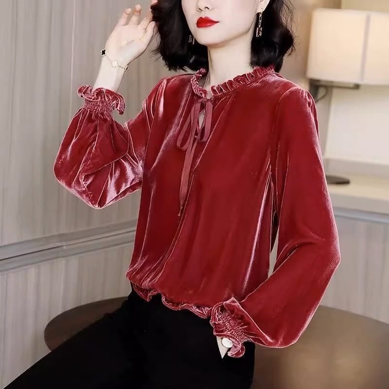 金丝绒衬衫女2025新款春秋季时尚洋气时髦大码长袖打底衫内搭上衣