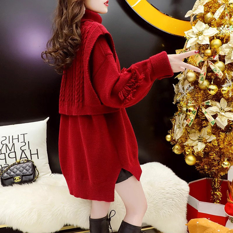 高领毛衣女秋冬季2025新款宽松外穿慵懒风红色针织衫两件套装上衣