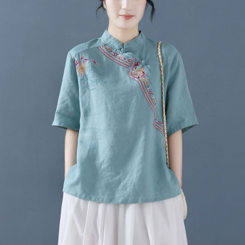 棉麻衬衫女士短袖夏季薄款2025新款大码中式国风盘扣改良旗袍上衣