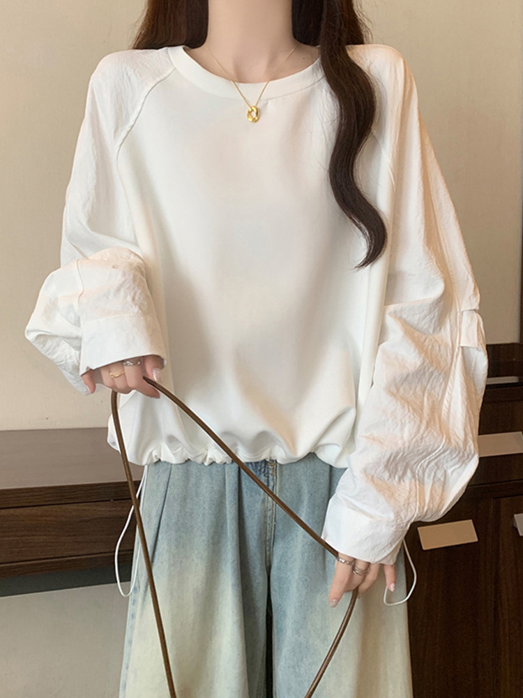 白色长袖t恤女春秋季2025新款宽松大码胖mm设计感卫衣打底衫上衣