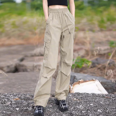 美式速干工装裤女夏季薄款2025新款高腰直筒束脚休闲运动阔腿裤子