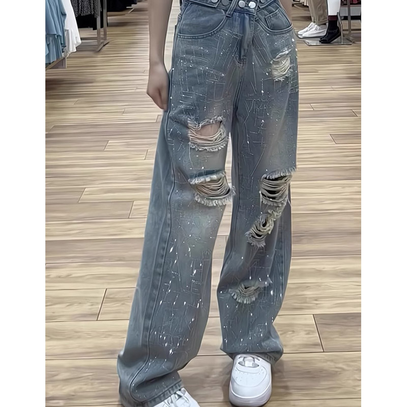 破洞牛仔裤女夏季薄款2025新款高腰直筒大码显瘦小个子拖地阔腿裤