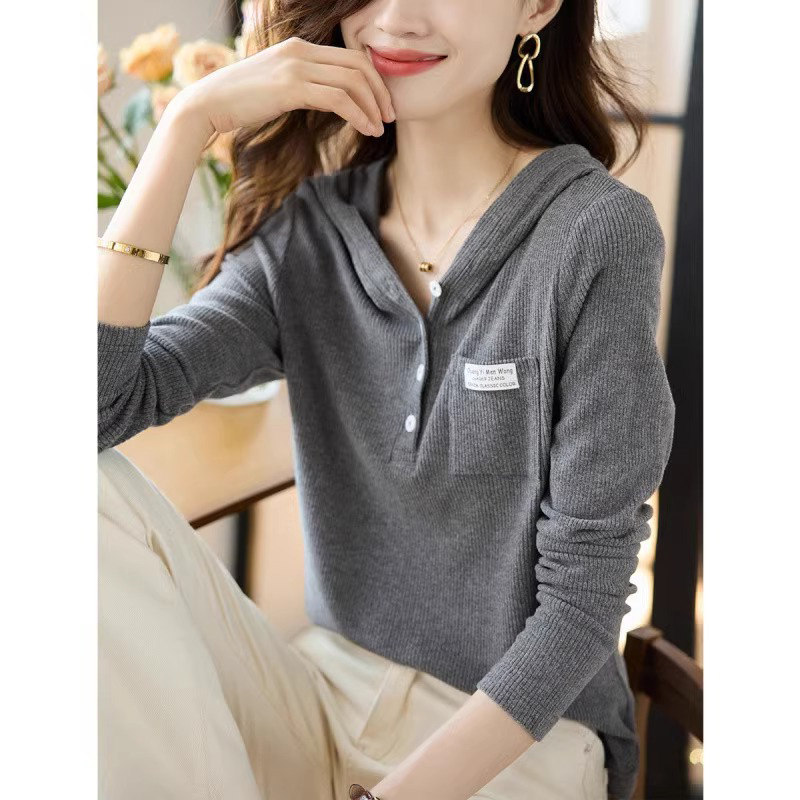 连帽长袖t恤女士春秋2025新款修身显瘦小个子针织卫衣打底衫上衣