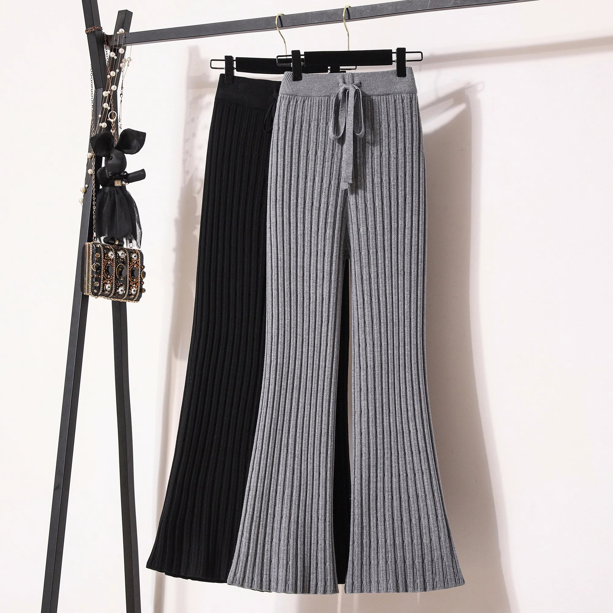 针织微喇裤女春秋2025新款高腰大码胖mm显瘦小个子休闲阔腿喇叭裤