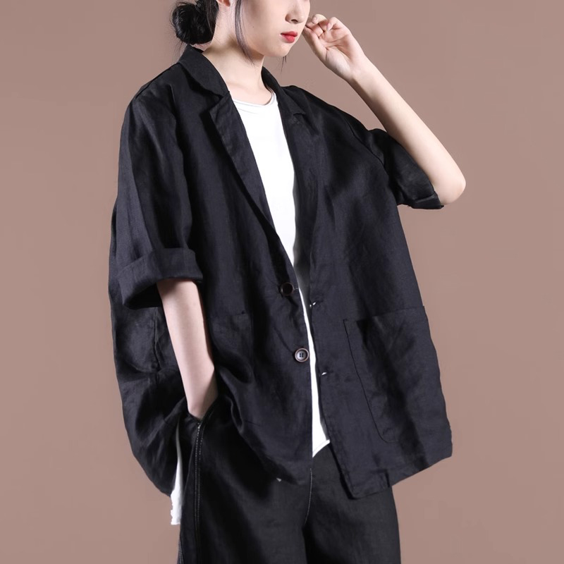 亚麻西装外套女夏季薄款2025新款韩版宽松大码休闲七分袖西服上衣