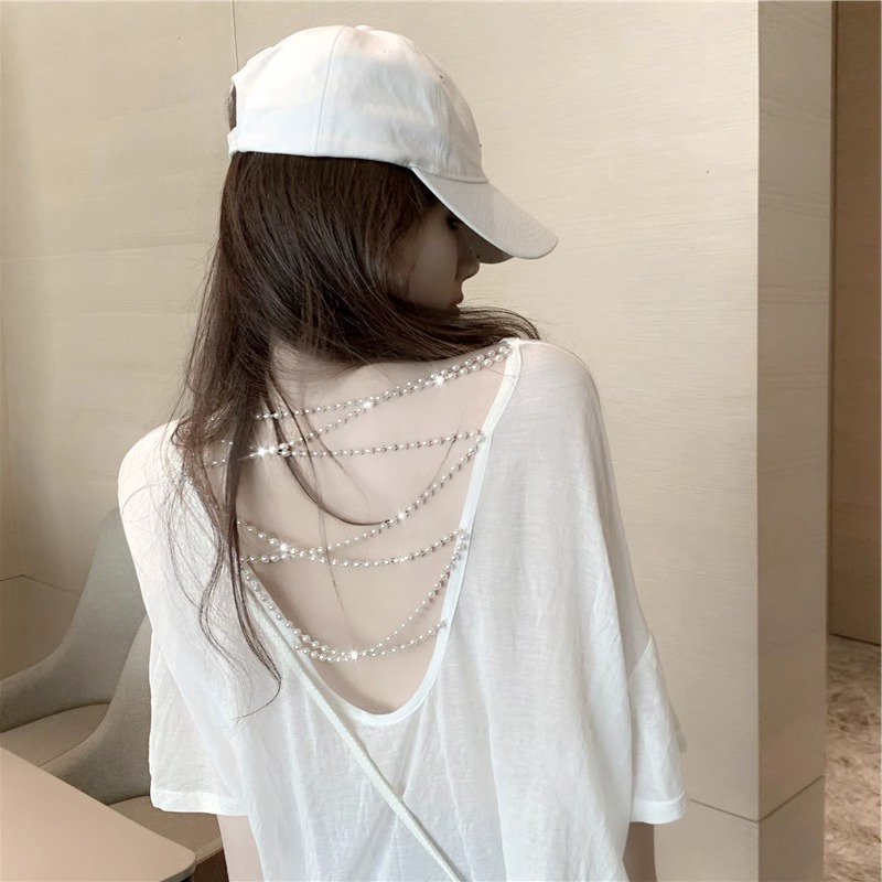白色短袖t恤女夏季薄款2025新款宽松大码显瘦设计感露肩半袖上衣