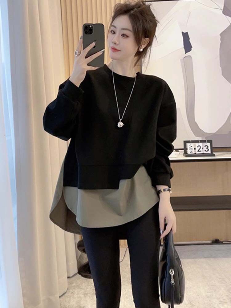 圆领卫衣女士春秋薄款2025新款宽松慵懒风时尚洋气假两件外套上衣