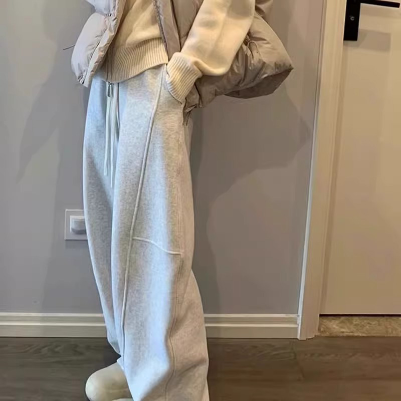 灰色运动裤女秋冬加绒2025新款高腰垂感直筒宽松休闲香蕉阔腿裤子