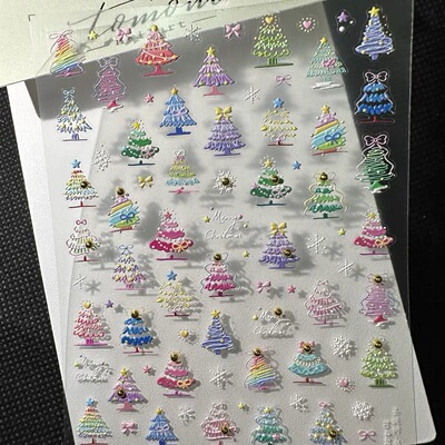 可爱圣诞树晶钻浮雕立体雪花蝴蝶结指甲贴纸ins绝美手机diy装饰