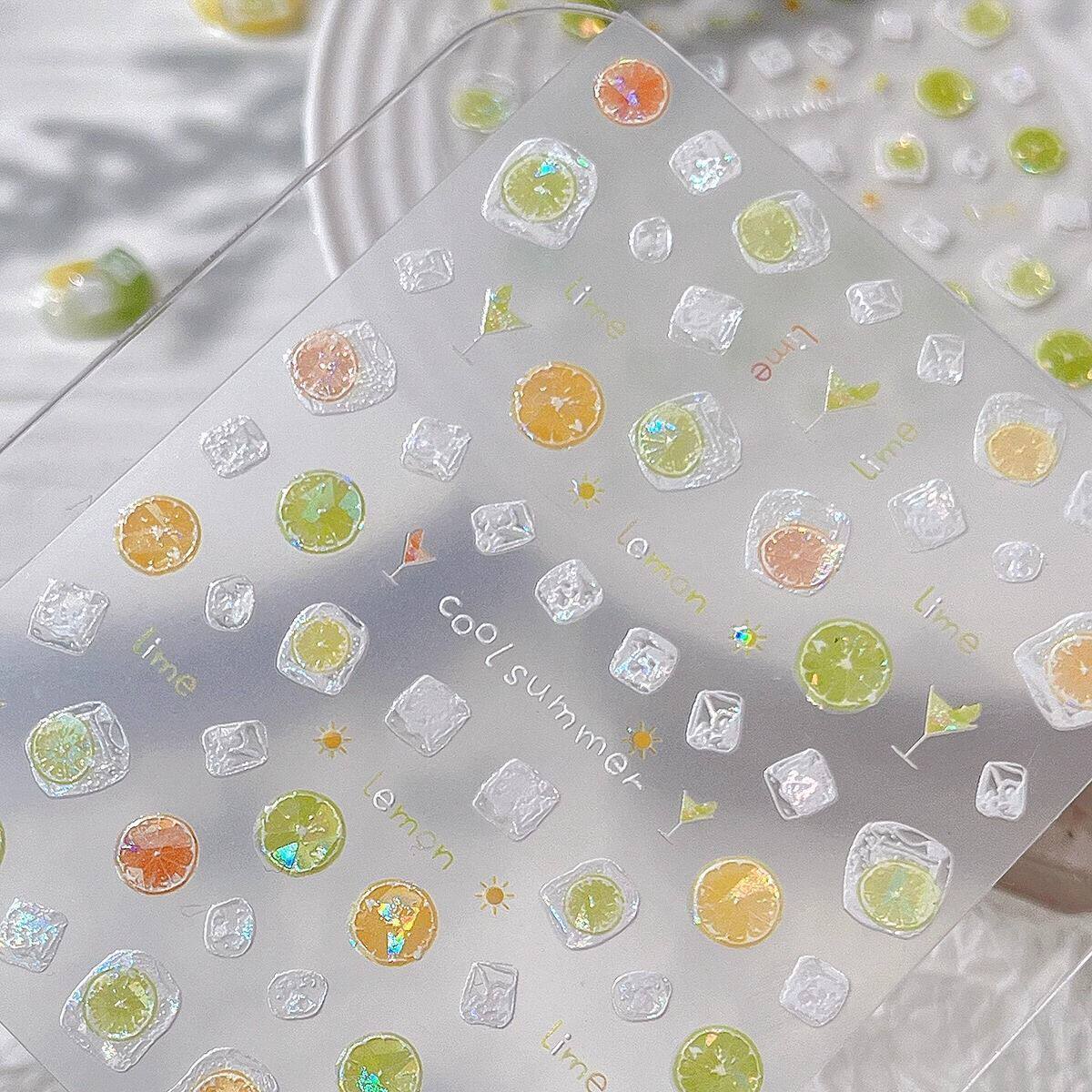 夏日冰透水果柠檬片精致美甲贴纸装饰网红ins风水杯笔杆指甲贴DIY