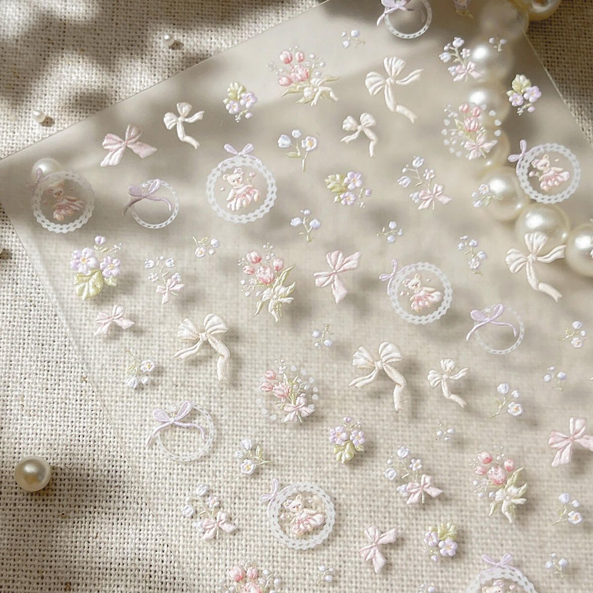 新款法式甜美美甲贴纸纯欲风郁金香蝴蝶结小熊浮雕立体背胶装饰