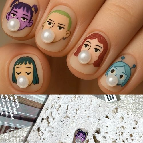 吹泡泡女孩浮雕立体美甲贴纸ins可爱图案指甲diy日系卡通3D贴纸