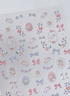 新款清新蝴蝶结小兔美甲贴纸浮雕立体ins童趣笔杆水杯ccd指甲装饰