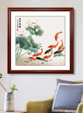 九鱼图斗方国画装饰画客厅沙发卧室壁画餐厅电表箱花鸟玄关挂画