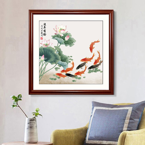 九鱼图斗方国画装饰画客厅沙发卧室壁画餐厅电表箱花鸟玄关挂画